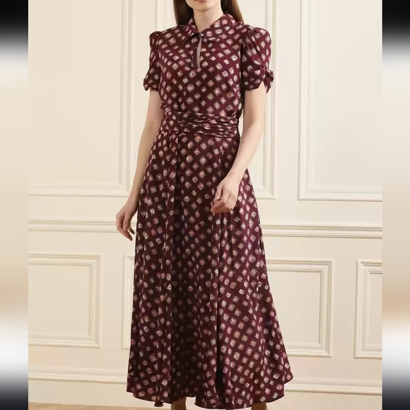 Polo Ralph Lauren Burgundy Printed Satin Midi Dress, Size 14 - Picture 1 of 14